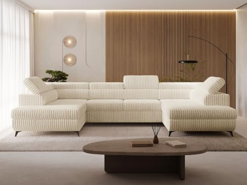 GRAINGOLD Argon U Ecksofa mit Schlaffunktion & Bettkasten 322x190 cm, U-Form Sofa mit Stauraum, Schlafcouch für Wohnzimmer, Cord-Stoff, 5-Sitzer Wohnlandschaft, Modernes Design (Tilia, Beige)