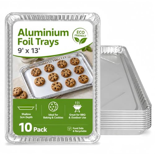 10 Pack Reusable Aluminium Foil Trays 32x21x3cm - Heavy Duty Tin Foil Baking Trays for Oven Roasting, BBQ, Catering & Meal Prep - Recyclable Food Storage Containers, Freezer Safe Without Lids (10)