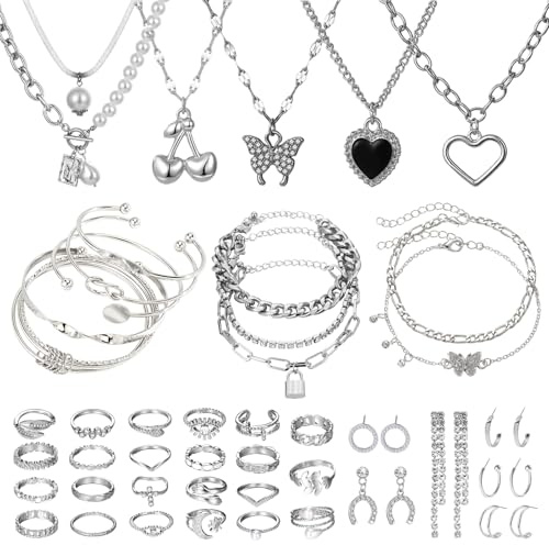 JSTHHTT Joyas de Mujer, Set de 45 Piezas, Conjunto de Joyas de Plata Para Mujer, Anillos de Nudillo, Collar, Pulseras, Pendiente, Joyería y Colgante para Mujeres, Plata