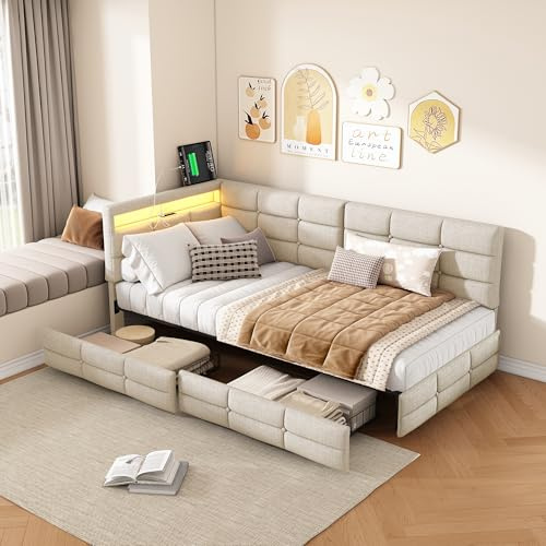BSCFHCZ Polsterbett 90x200 cm L-Form Sofabett mit LED-Beleuchtung & USB, Daybed Einzelbett mit 2 Schubladen & Ablage, Tagesbett Jugendbett Gästebett inkl. Lattenrost, Leinen Beige, Ohne Matratze