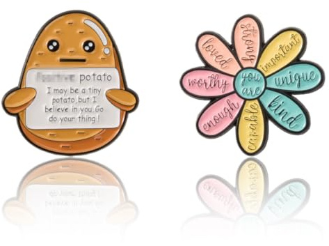 Wasise Positive Flower Potato Enamel Pins - 2PCS Cute Cartoon Badges with Funny Words, Alloy Brooch, Versatile Decor Pin Badge for Lanyards Bags Clothes, Positive Inspiration Gift for Women Friends