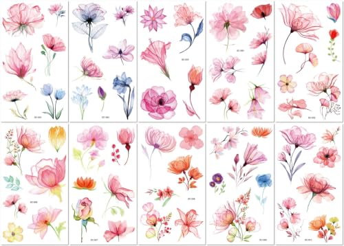10 Pieces Watercolor Cherry Blossom Petal Colored Temporary Tattoo Stickers For Women