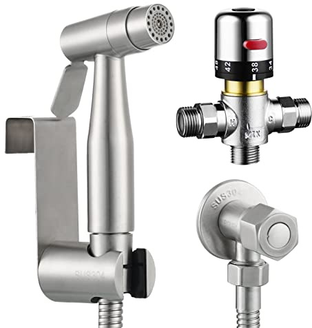 Tecmolog Ducha Bidet Portatil para WC Acero Inoxidable Kit Ducha de Lavabo 2 Chorros Grifo Bidet con Soporte Ducha, Mezclador Termostático, Valvula Desviadora y Manguera Ducha 1.2m, WS024AF1A
