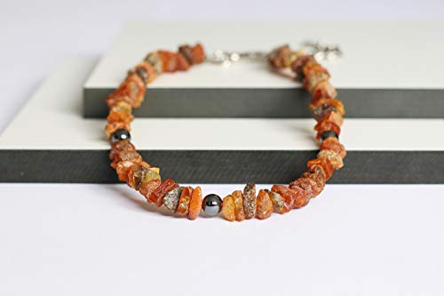 Bernsteinkette für Hunde aus Roh Baltischer Bernstein mit Hematit Beads verziert | Zeckenhalsband | Bernstein Gegen Zecken | Zecken und Flohschutz Halsband (25-30 cm)