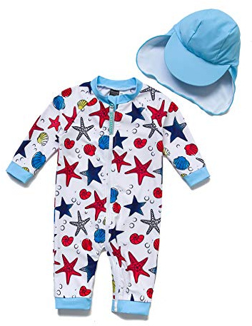 BONVERANO bébé garçon Maillot de Bain Une pièce à Manches 3/4 avec Protection UV 50+ avec Fermeture éclair（Blue Starfish，12-18 Months）