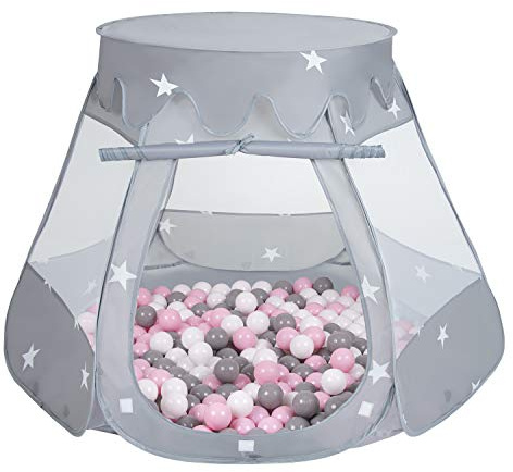 Selonis Tenda 105X90cm/100 Palline Castello Con Palline Colorate Per Bambini, Grigio:Bianco/Grigio/Rosa Chiaro
