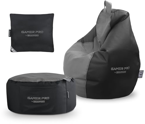 Happers Gaming Set Grau: Gaming Sitzsack Pro + Hocker + Kissen