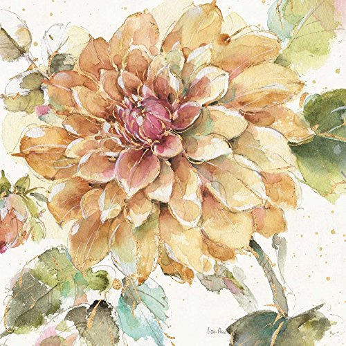 Art Toile tendue sur bois – Bars Country Bloom V Audit Lisa – Image carrée florale dahlia floral fleurs dorées, vert métallisé, impression artistique 58 x 58 cm
