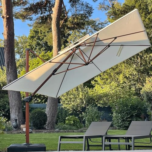 PURPLE LEAF Alu Sonnenschirm Groß Ampelschirm 330 x 330 cm Holzoptik Doppeldach Gartenschirm mit Kurbel 360°Drehbar XXL, Sonnenschutz UV50+, Cream