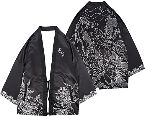 CoolChange Veste kimono avec motif carpe koï japonaise | Cape traditionnelle Japan Haori | avec motif asiatique | Noir | Taille : S/M, Noir , S-M