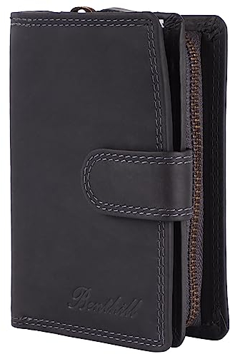Benthill Geldbörse Damen Leder | Geldbeutel mit RFID Schutz aus Rindsleder | Portmonee mit 8 Kartenfächer Mittelgroß | Echt Leder Slim-Wallet Vintage inkl. Geschenkbox, Farbe:Grau