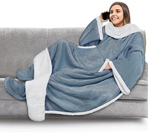 PAVILIA Fleecedecke mit Ärmeln, Fußtaschen für Damen, Herren, Erwachsene, Plüschdecke, Überwurf, warme Decke, gemütliches Geschenk