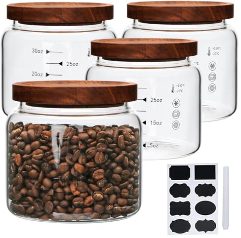 Datttcc Glass Jars,Set of 4 Glass Food Storage Containers with Wooden Lids,Clear Glass Canister Sets for Sugar,Tea,Coffee,Snack,Spice,Herbs(33 oz/ 1000 ml)