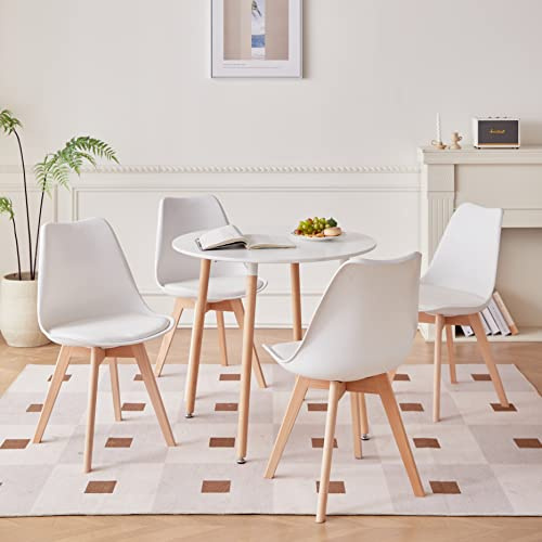 GrandCA HOME Esstisch und 4 Esszimmerstühle, Modernes Esszimmer-Set, Runder Desktop-Tisch mit Spleißstruktur und Küchenstühle in Weiß
