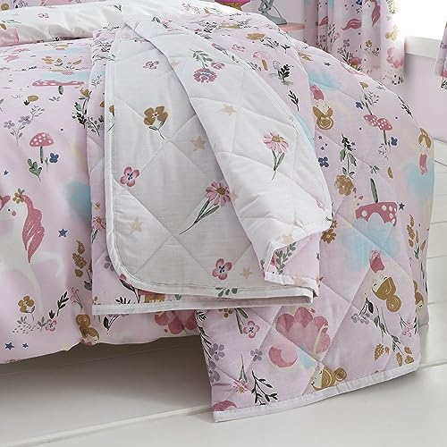 Happy Linen Company Manta de Tiro Acolchada Reversible de 150 x 200 cm con Unicornio del Bosque Encantado para niñas y niños