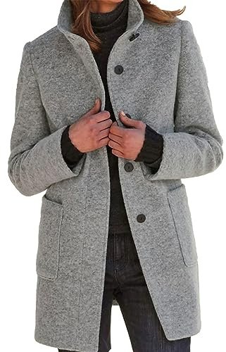 xxxiticat Cappotto da donna in misto lana monopetto caldo colletto alto lungo giacche blazer trench con tasche S-3XL, grigio., M