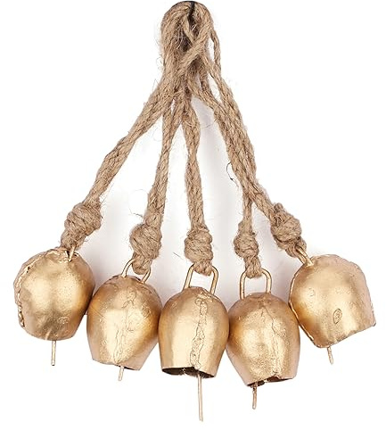 Vivanta Rustikale Glöckchen im Vintage-Stil, zum Basteln und für Zuhause, 5 Stück, Mini-Gold-Blechglocken, Kuhglocken, Hexenglocken, hängende Glocken für Weihnachtsschmuck, DIY-Projekte, Bauernhaus