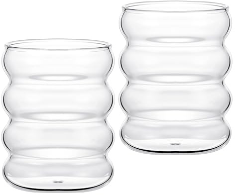 Hanunalir 2 Pcs Drinking Glasses, Clear Glass Cup, Wave Shape Creative Coffee Cups Glass, 300ml Vintage Ribbed Glassware Bubble Juice Glasses (21811)