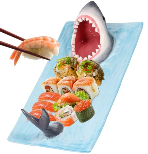 Alongen Sushi Serving Plate, Ceramic Sushi Plate Shark Shape Porcelain Sushi Platter Japanese Style Porcelain Food Platter Artistic Food Serving Trays with Soy Sauce Holder