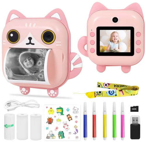 AURTEC Instant Camera for Kids, Mini Thermal Printing Camera, No Ink Required, 48MP Dual 1080P Video, 32G TF Card, 3 Print Papers, 2.4 Inch Color Screen, Cute Cat Cartoon Design