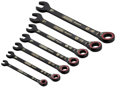 Draper 03911 Expert HI-TORQ Metric Reversible Ratchet Combination Spanner Set, Black (7 Piece)