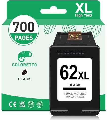 COLORETTO 62 XL (1 Schwarz) Wiederaufbereiteter Ersatz für HP 62XL (C2P07AE) Druckertintenpatrone für Envy 5540 7640 5548 5640 5646 OfficeJet 5740 5742 5744 200 250 Drucker