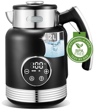 Taylor Swoden 2200W Wasserkocher Schnellaufheizender mit Temperatureinstellung, 40-100°,Elektrischer Wasserkocher 2L, doppelwandiger Edelstahl, LED Digitale Warmhaltefunktion,Schwarz