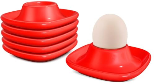 Flexzion Coquetiers pour œufs à la coque - Lot de 6 en céramique - Coquetiers empilables avec socle pour service, petit-déjeuner, brunch - Décor de table, Rouge