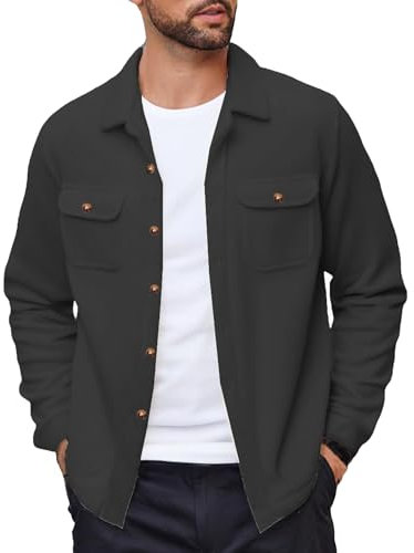 COOFANDY Men's Polar Fleece Shacket Long Sleeve Casual Button Down Shirt Jacket with Pockets,Black,M