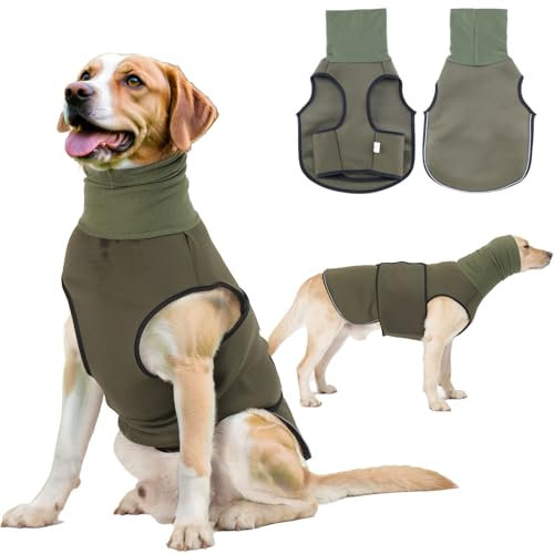 TOPSOSO Beruhigungswesten für Hunde mit Kapuze Rollkragenpullover Beruhigungsweste Klettverschluss zur einfachen Einstellung und Reflektierenden Streifen Hundemantel für ängstliche Hunde(Olive M)