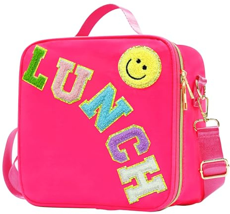MEEYUU Lonchera aislada de nailon para niños y niñas, lonchera grande con aislamiento, bolsa de almuerzo reutilizable con bolsa de almuerzo para niñas, escuela, viajes, picnic, ajustable (rojo rosa)