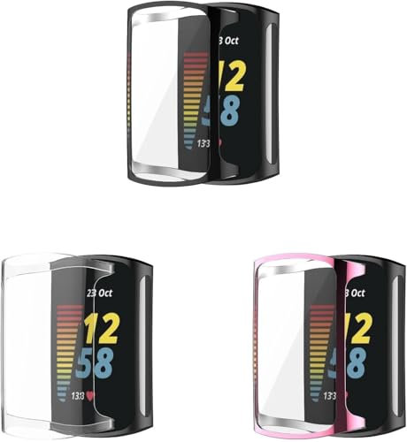 3 Pack Case Compatible with Fitbit Charge 6 with Screen Protector, Flexible TPU Shockproof Scratch Proof Cover Case for Fitbit Charge 5/Charge 6 Activity Tracker (Black/Clear/Pink)