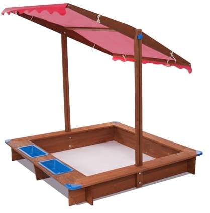 OUKANING Sandkasten mit Abdeckung 126x121x118cm - Sandkasten mit Abdeckung Kindersandkasten Holzsandkasten mit Sonnendach für den Garten (Rot)