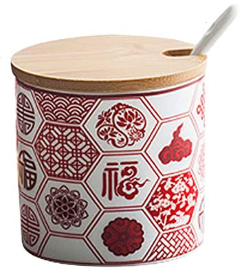 tarros de navidad， Tarros de especias, azucarero de estilo chino con tapa y cuchara, tarro de almacenamiento de azúcar de porcelana de 11 onzas, azucarero de cerámica con letras escarlatas, decoración