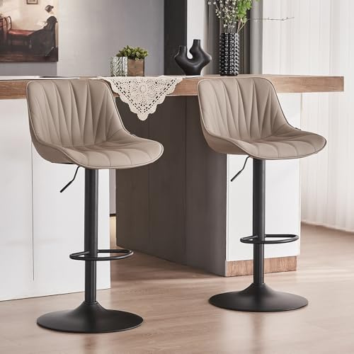 YOUTASTE Barstolar, set om 2, barstol, justerbar höjd, vridbar med PU-läder, diskpall med ryggstöd och fotstöd, sitthöjd 57 cm – 82 cm för kök, disk, bar, khaki