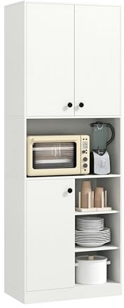 COSTWAY Alacena de Cocina, Armario de Almacenaje de Despensa para Cocina con Soporte para Microondas, Aparador Buffet Moderno con Puertas y Estantes Abiertos para Comedor, Sala de Estar (Blanco)