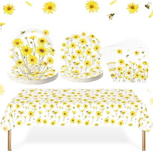 Zhehao 101 Pcs Daisy Floral Party Decorations Summer Flowers Bee Disposable Tableware Floral Paper Plates Napkin Tablecloth Floral Party Decorations for Garden Picnic Baby Shower Tea Part