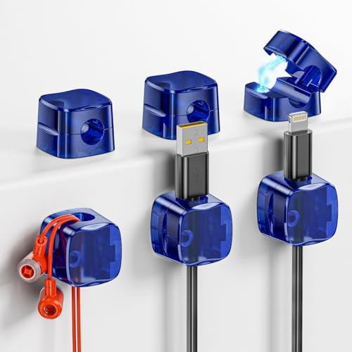 GlasFlength Clip per Cavi Magnetico 6 Pezzi, Fermacavi Scrivania Cable Management Autoadesivo Organizzatore di Cavi Adesivi per Comodino Cucina Fermacavo per USB Cavo Accessori (Blu Trasparente)
