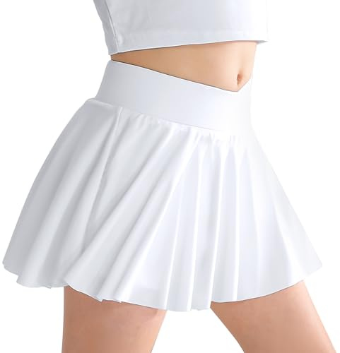 Miyanuby Short athlétique 2 en 1 pour fille - Pour la danse et le motard - Jupe de tennis - Jupe-short papillon avec poche pour fille - Taille 5-14 ans, blanc, 13-14 ans