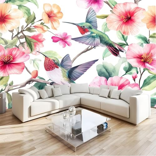 Bianco Fotomurale Fiori E Uccelli Acquerellati Carta Da Parati Murale Poster Giganti Decorazione Da Muro 250 X 175 Cm Per Camera Letto Sala