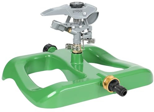 STYDDI Spruzzatore a impatto pulsante deluxe con base in metallo resistente, irrigatore circolare regolabile in metallo per prato di medie e grandi dimensioni, cortile, giardino e grandi aree