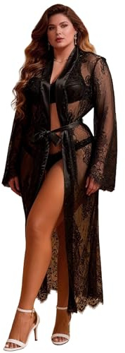 ohyeahlady Morgonrock Dam Lång Plus Storlek Sovkläder Kimono Pelizom V-Nattlinne Babydoll Underkläder Stor Storlek Blommig, Svart, XXL