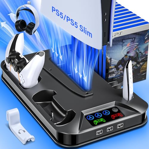 Standfuß Kühler mit Controller Ladestation für PS5/Slim/Pro Disc/Digital | Ständer Zubehör für PlayStation 5 Konsole inkl. Controller Ladestation, Lüfter, Headset Halterung, 3 USB Hub,Schraube,Schwarz