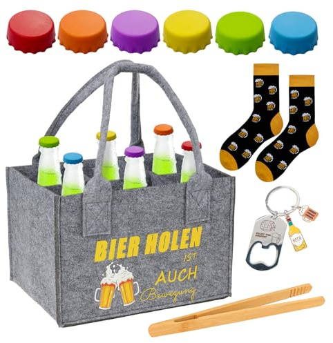 Bztzhm 6 Flaschen Bierflaschentasche für Herren, Filz Herrenhandtasche Bier, mit Flaschenöffner, Biersocken, Flaschenverschluss, Grillen für Bierfest Vatertag Geburtstag