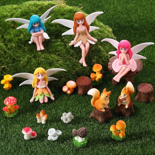 29Pcs Fairy Garden Accessories Outdoor, Fairy Garden Ornaments Miniature Flower Fairies Squirrels Mushrooms Table and Chairs Decoration for DIY Craft Dollhouse Micro Landscape Plant Pots