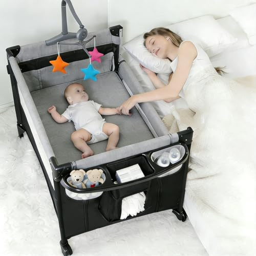 Nine point nine resesäng baby med skötbord, bekväm och stabil baby med madrass, justerbar resesäng babysäng, vikbar och rörlig sidosäng (6602 grå utan nät)