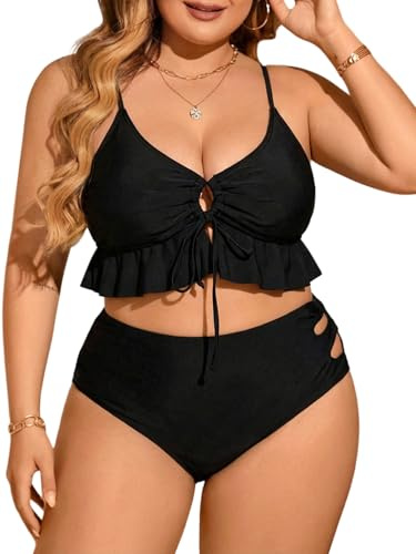SOLY HUX Women's Plus Size Bikini Set Ruffle Swimsuit Tie String High Waisted Bathing Suit 2 Piece Plain Black 3X-Large Plus