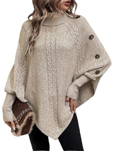 LIUYUYOUGO Cape Damen Strickponcho Pullover Für Damen Mit Zopfmuster Gefaltetem Rollkragen Knopfpullover Lockerer Schalpullover Mit Fledermausärmeln Herbst Warme Strickmode Cape Tops Khaki L