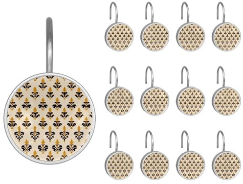 Lot de 12 crochets ronds décoratifs pour rideau de douche, style rétro, motif fleur de lys et anneaux de rideau de salle de bain antirouille pour tringles de douche et doublure