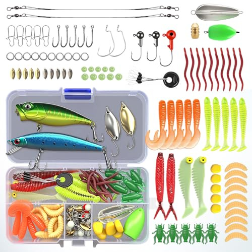 100pcs Leurres de pêche - Fishing Lures kit de Spinnerbaits,Plastique vers,Minnow,Popper,Leurres,Souples Pêche Jigs Crochets de Pêche - Kit d'appâts de Pêche Portable avec Boîte (01)